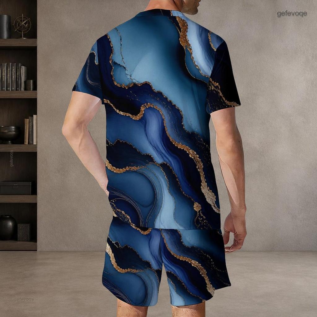 Men Plus Size Round Neck Short Sleeve Cyan Colorful Striped Printed T Shirt And Pocket Shorts Two Piece Set