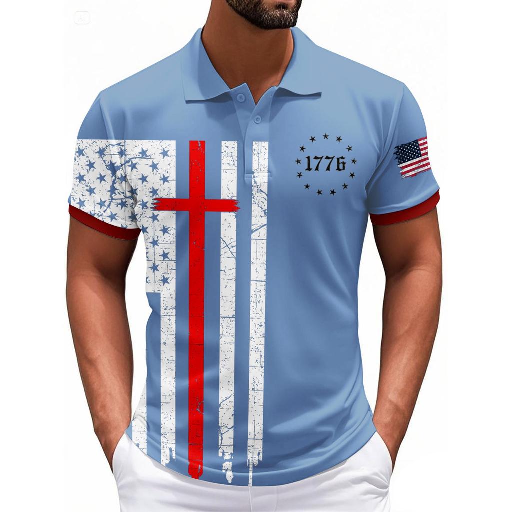 Fashionable Men's Casual Independence Day Printed Neck Short Sleeve Top