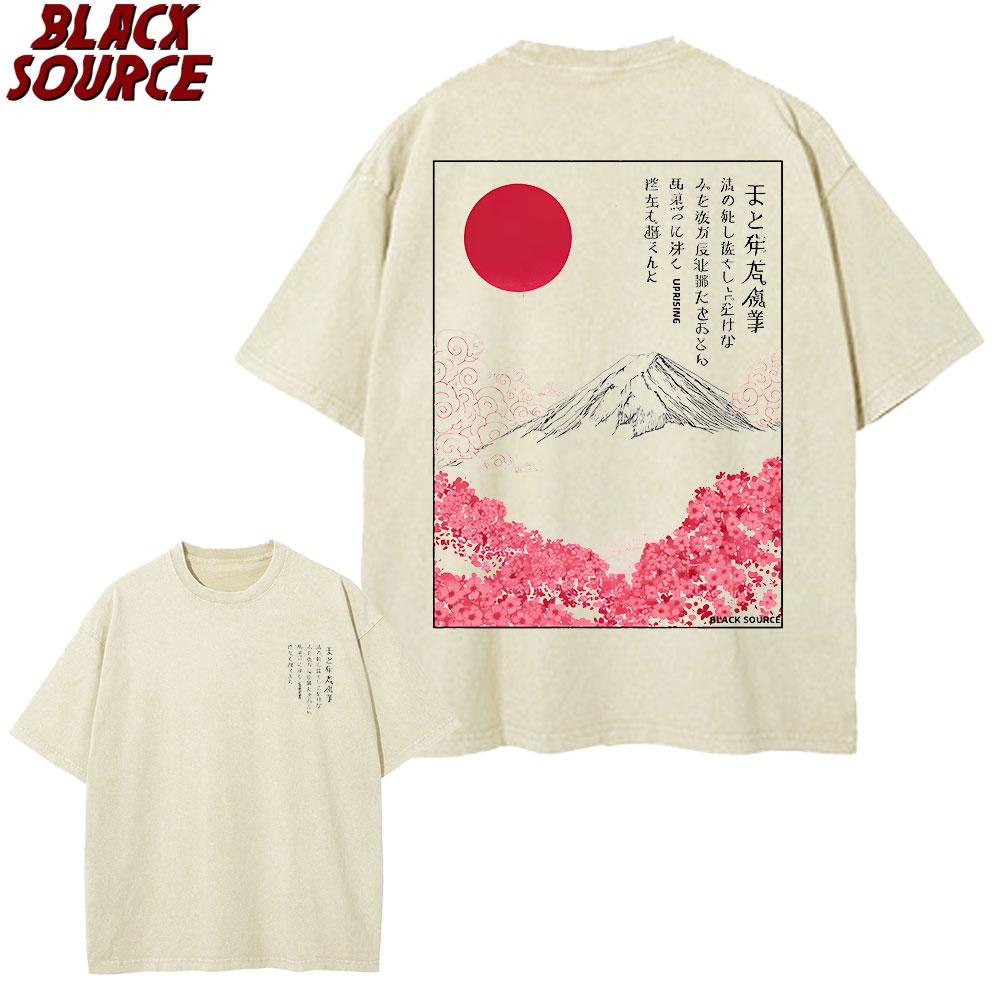 T Mount Fuji Cherry Blossoms Prints Washed TShirts Womens Cotton Short Sleeve Tops Summer ONeck Oversized T Shirt Basic