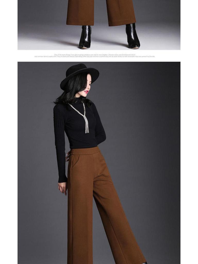 Women's High-Waisted Wool Wide-Leg Pants, Autumn/Winter Flare, Loose-Fit, Nine-Tenths Length.