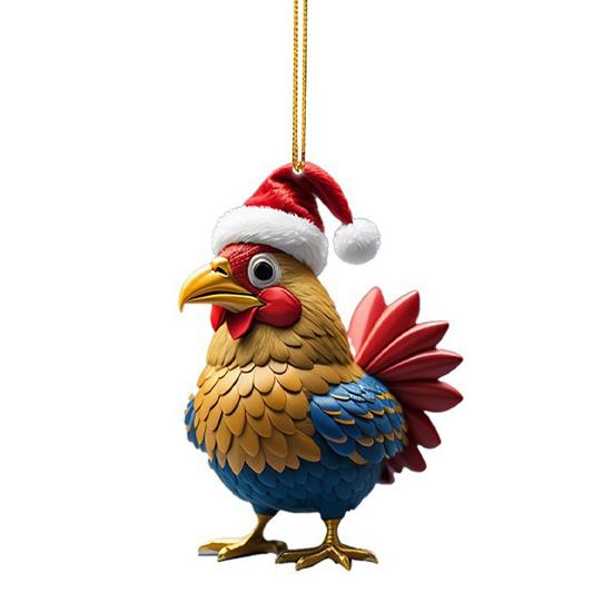 Weihnachtshuhn-Ornament, Cartoon-Huhn, Weihnachtsbaum-Hängedekoration, 2D-flacher Acryl-Anhänger für Fenster, Tür, Rucksack, Auto-Dekor