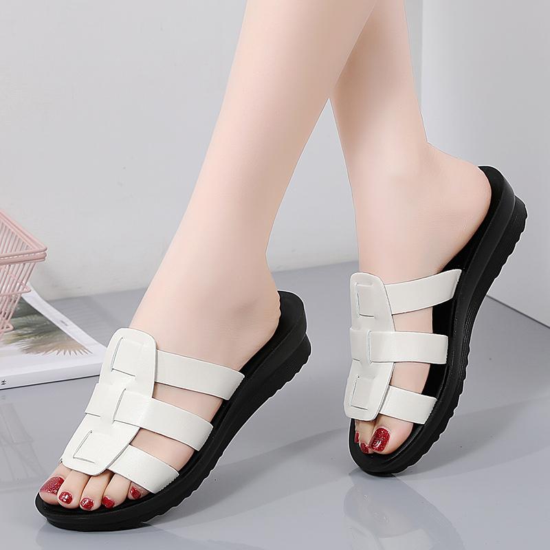 Summer  Women's Sandals Leather Solid Slope Heel Home Sandals Mom's Shoes Soft House Slippers
