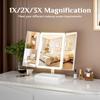 Large Makeup Mirror with Natural LED Lights, Lighted Trifold Vanity Mirror with 2x &3x Magnifications - Dimmable Lights, Touch Screen, Cosmetic Stand
