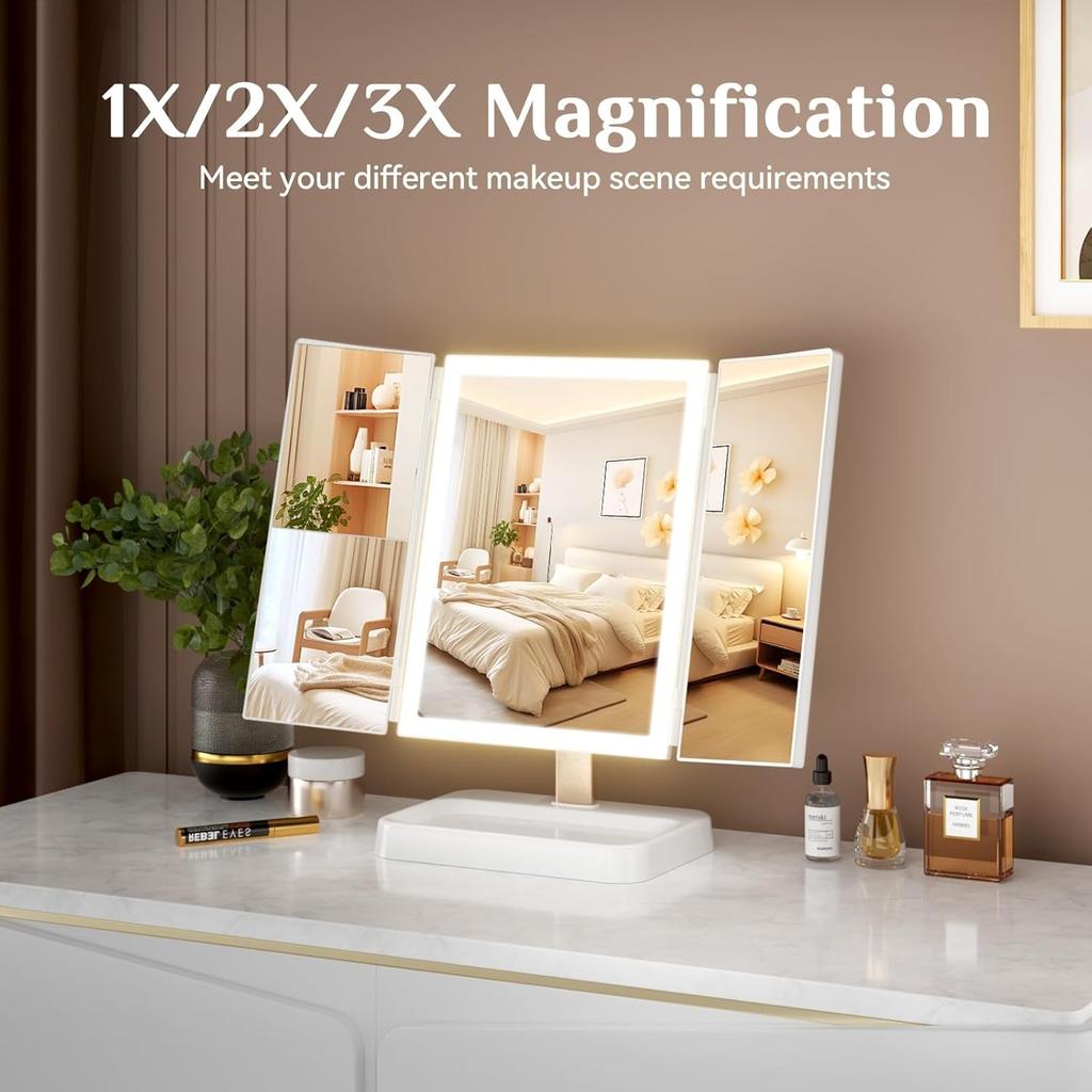 Large Makeup Mirror with Natural LED Lights, Lighted Trifold Vanity Mirror with 2x &3x Magnifications - Dimmable Lights, Touch Screen, Cosmetic Stand