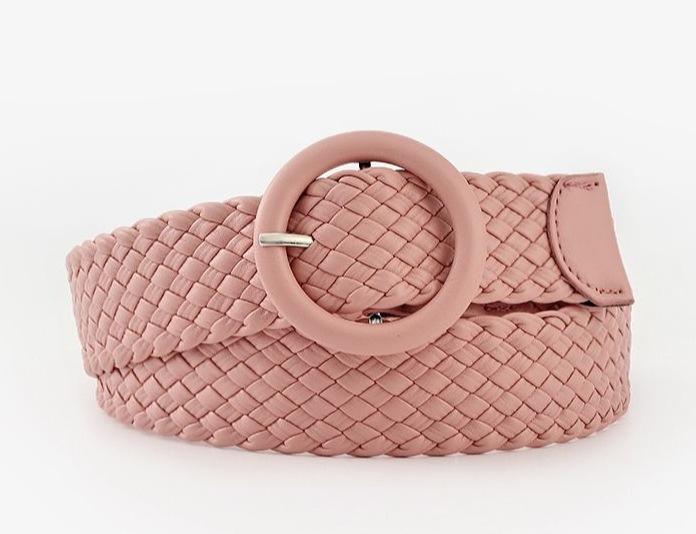 

Круглый кожаный ремень цвета конфет с пряжкой для сумки, широкий, женский, универсальный, тканый ремень для одежды 108x3.8cm розовый