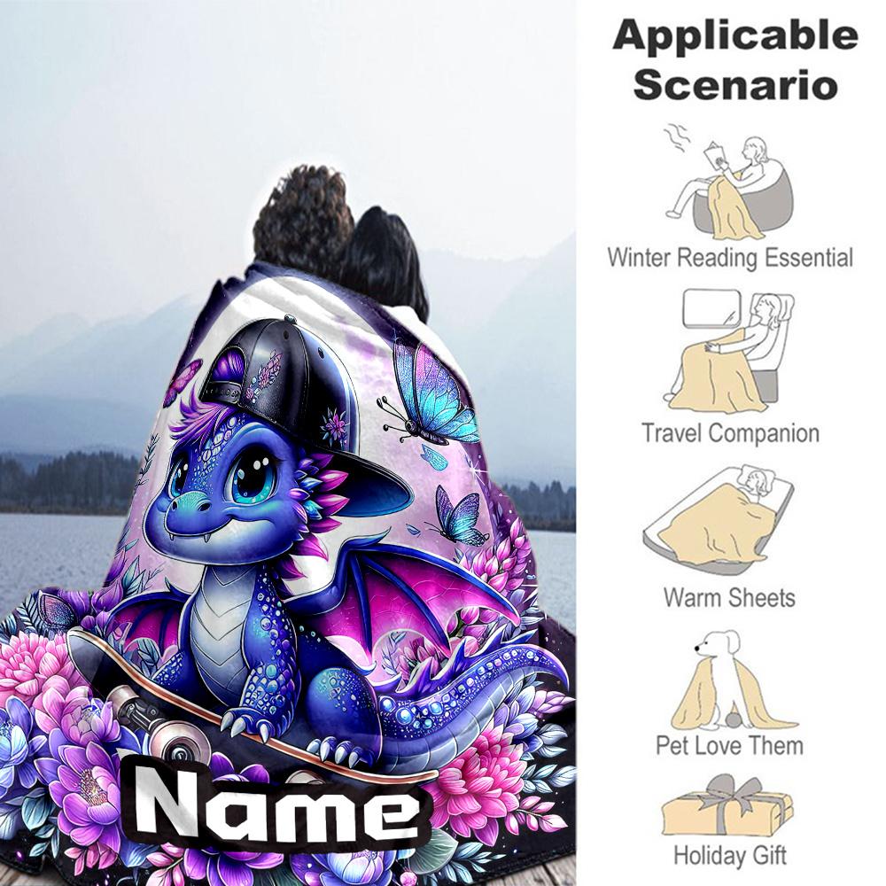 Skateboard Dragon Customize Text Blanket Throw Personalized Blanket Ultra-Soft Perfect for Bed Bedding Livingroom Office All-Season Use