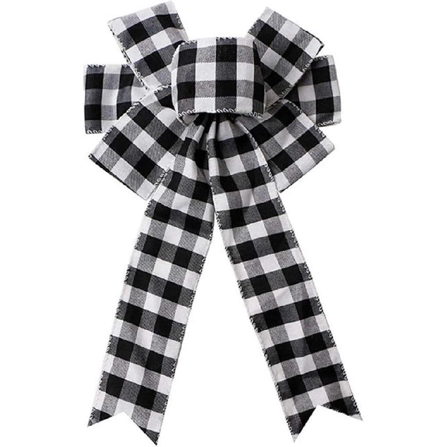 Black White Buffalo Plaid Bow Christmas Wreath for Tree Topper & Front Door Decoration