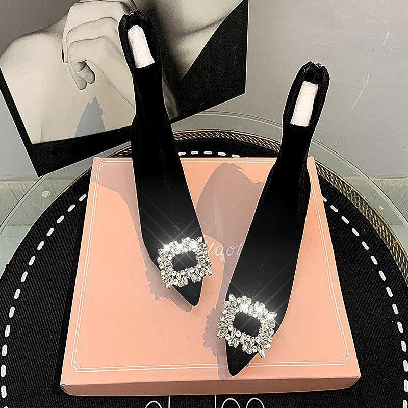 Women's shoes women's shoes temperament high heel elastic thin boots women's pointed black short boots rhinestone square buckle fashion boots women's