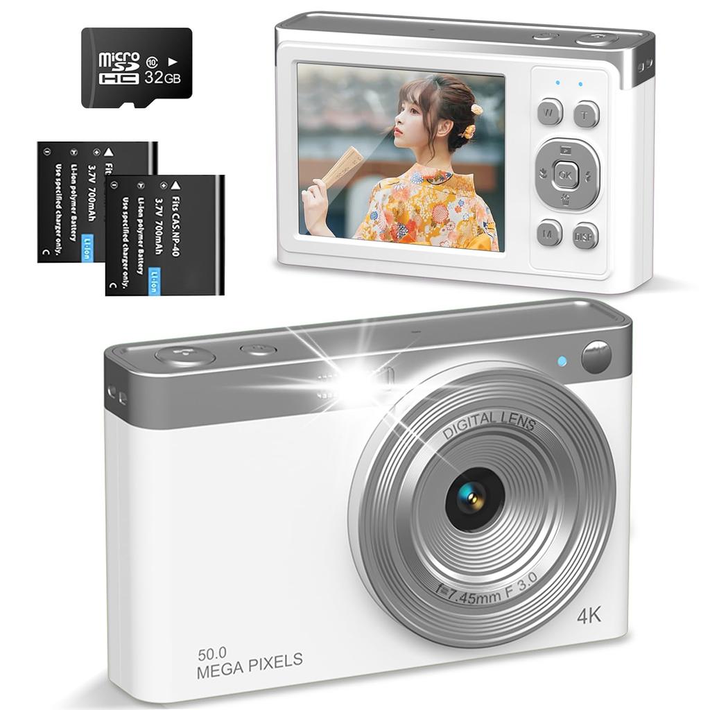 [Nouveau pour 2025] Appareil photo numérique 4K, 50MP, Compact, Léger, Stabilisation d'image, Zoom 16x, AF, Grand écran IPS 2,88 pouces, Appareil photo de poche pour