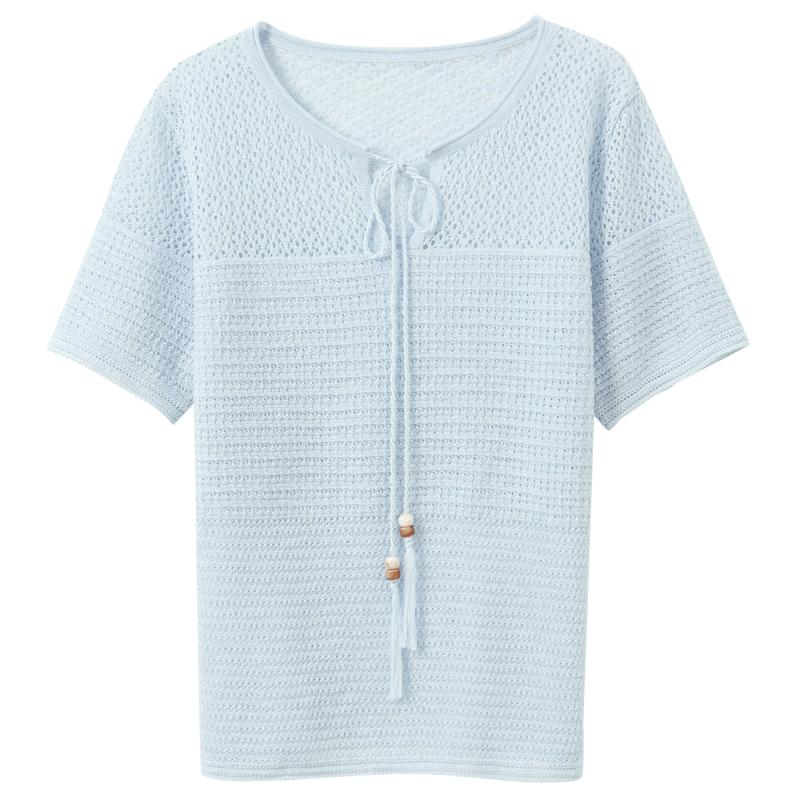 

Sancai 2026 Summer Tie-Neck Hollow-Out Knit Short-Sleeve Top L