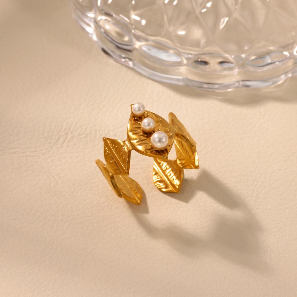 Imitation Pearl Leaf Rings For Women Men Gold Color Stainless Steel Ring Wedding Female Jewelry Christmas Gift Accessories