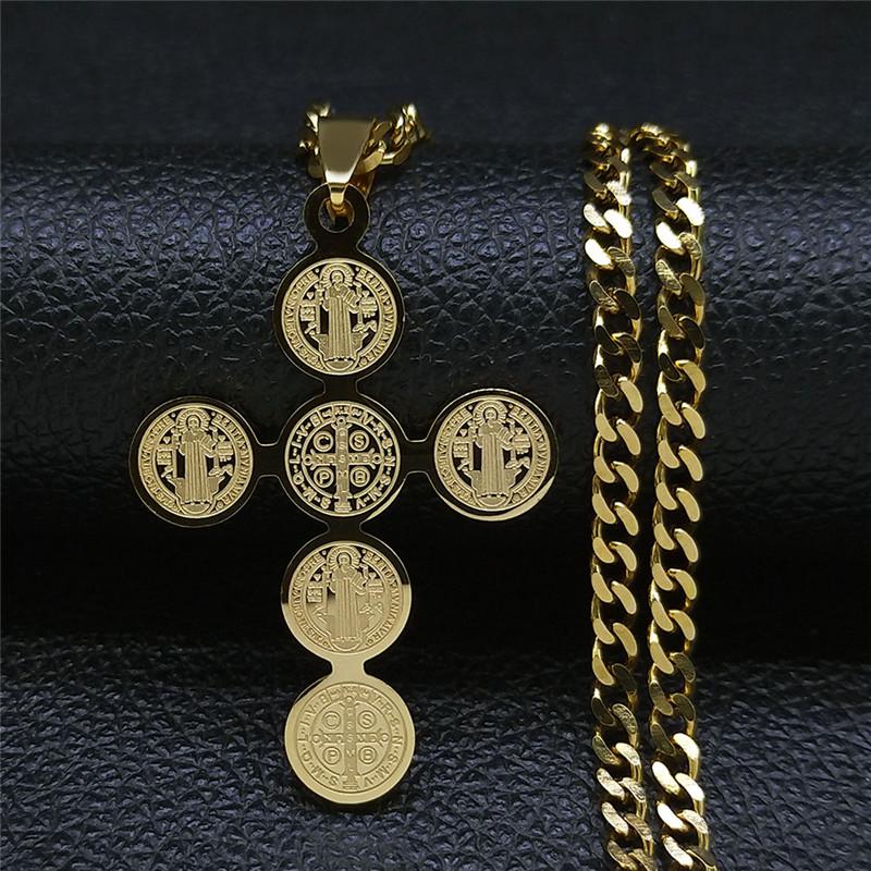 Fashion Stainless Steel Cross Necklace for Women Men Saint Benedict Gold Color Necklaces Jewelry Gifts Collar Cruz N3450S05