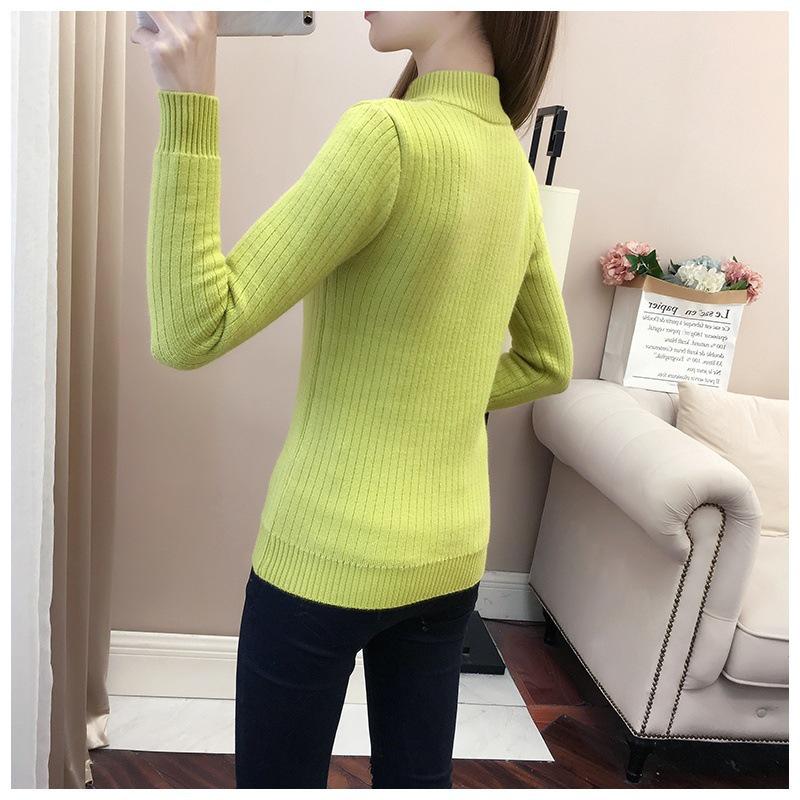 Women's Fleece-Lined Semi-High Neck Knit Sweater - Slim Fit, Solid Color, Perfect for Autumn/Winter.