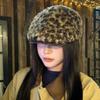 Pu Leather Brim Lamb Wool Berets Hat Keep Warm Women Newsboy Caps Retro Leopard Print Berets  Girl