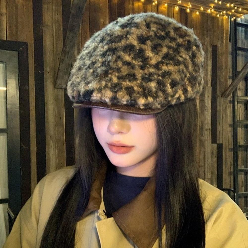 Pu Leather Brim Lamb Wool Berets Hat Keep Warm Women Newsboy Caps Retro Leopard Print Berets  Girl