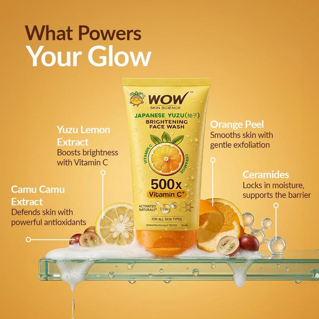 WOW Skin Science Japanese Yuzu + Vitamin C with Ceramide Brightening Face Wash | 500x Vitamin C | For Strengthened Glowing Skin | Paraben-Free Ge