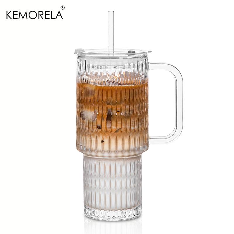 

760ML Large Glass Tumbler with Handle And Lid -Iced Coffee Cup with Straws Four Stylish Patterns for Cold & Hot Beverages 1/2PCS 760ml
