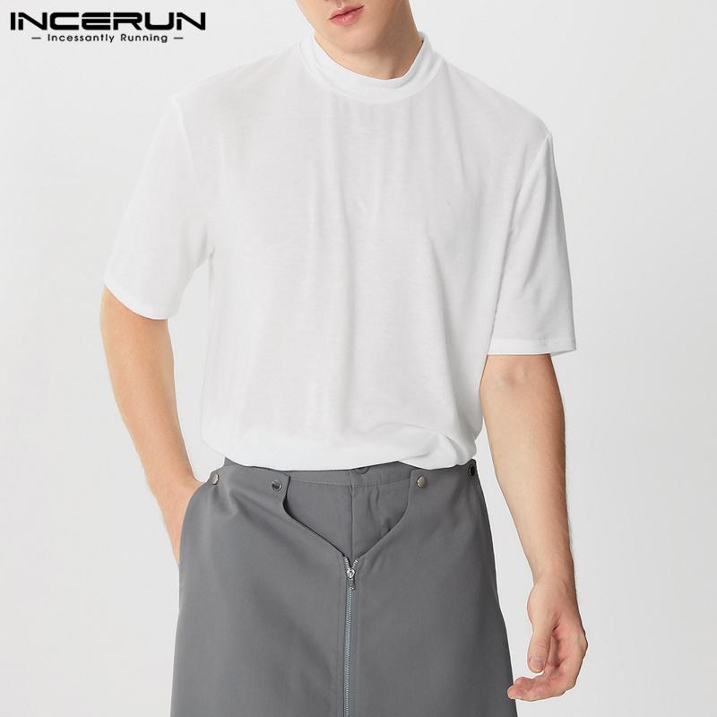 INCERUN Oversized Men High Neck Short Sleeve Casual Loose T Shirts Undershirts