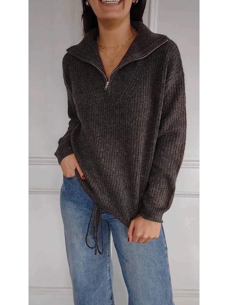 2024 Autumn Winter High Neck Drawstring Knit Sweater - European & American Style Casual Women's Pullover