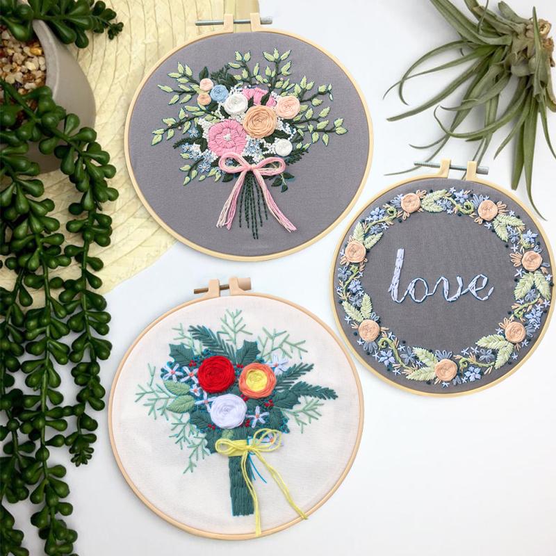 3pcs Cotton And Linen Floral Embroidery Kit Diy Material Package 20cm Bamboo Embroidery Hoop