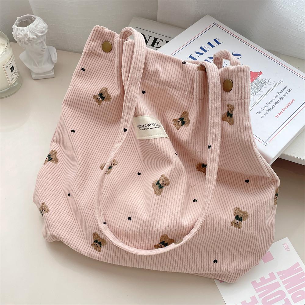 Adorable Corduroy Bear Print Canvas Tote Bag Spacious Soft Shoulder Bag For Students