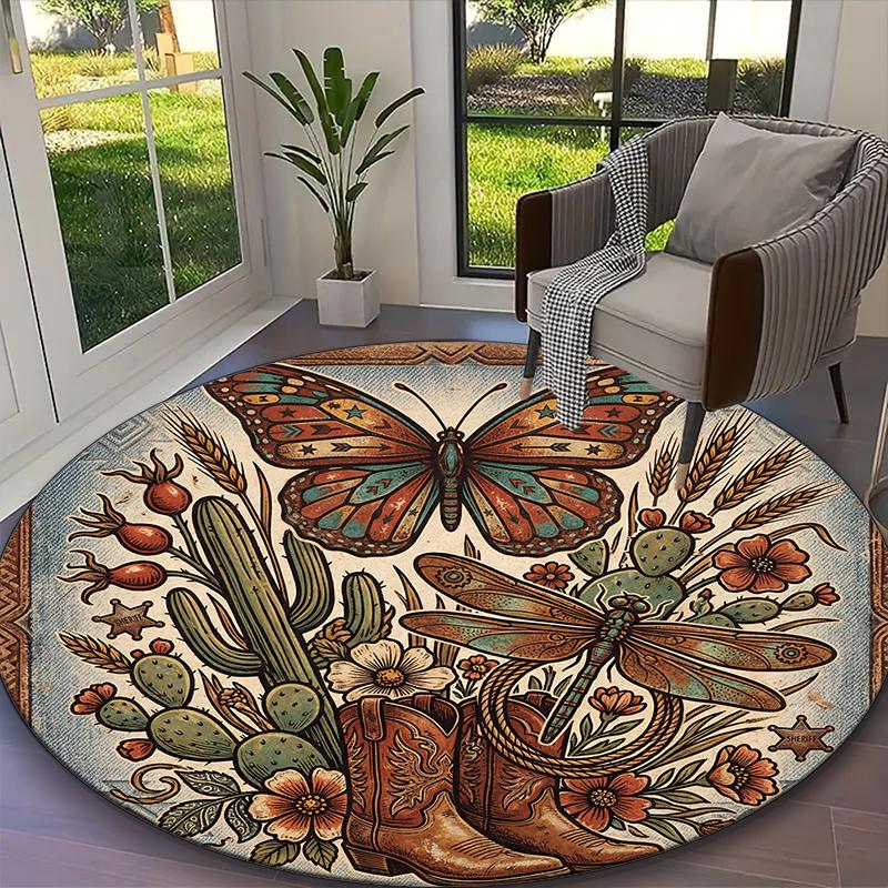 1pc Round Rug Appropriate for Office, Deep Wine Floral Butterfly Carpet, Versatile Printed Chair Rug, Durable Home Sofa Carpet