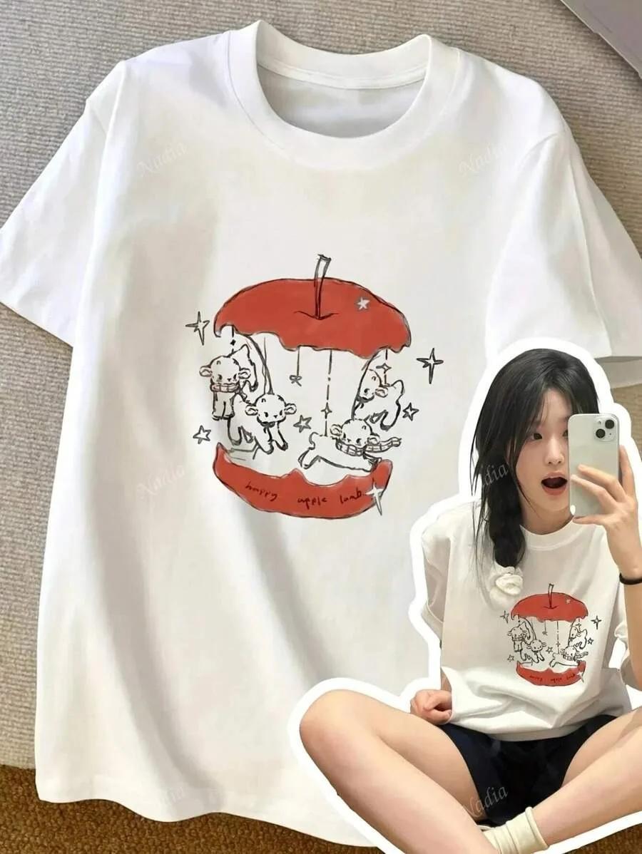 

2025 Футболка с темой сказки о досуге Белая с коротким рукавом Уникальная с принтом яблока из чистого хлопка Милая одежда Женский топ 4XL