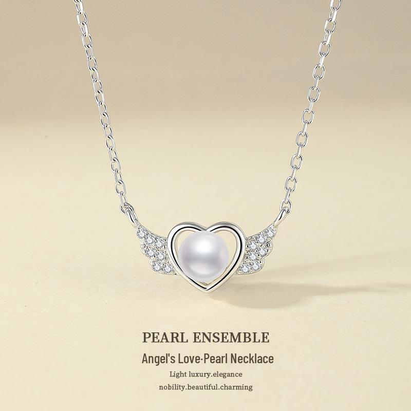 S925 Sterling Silver Heart Wing Freshwater Pearl Necklace: Elegant Women's Collarbone Chain with a High-End Fashion Feel