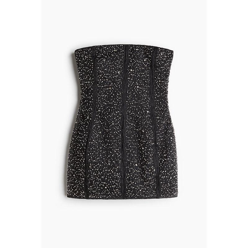 

HM Women s Clothing Tube Top Autumn Embellished Silm Organza Dress Sleeveless off-Shoulder Open Back Tops 1260029 Black/Silver 155/80