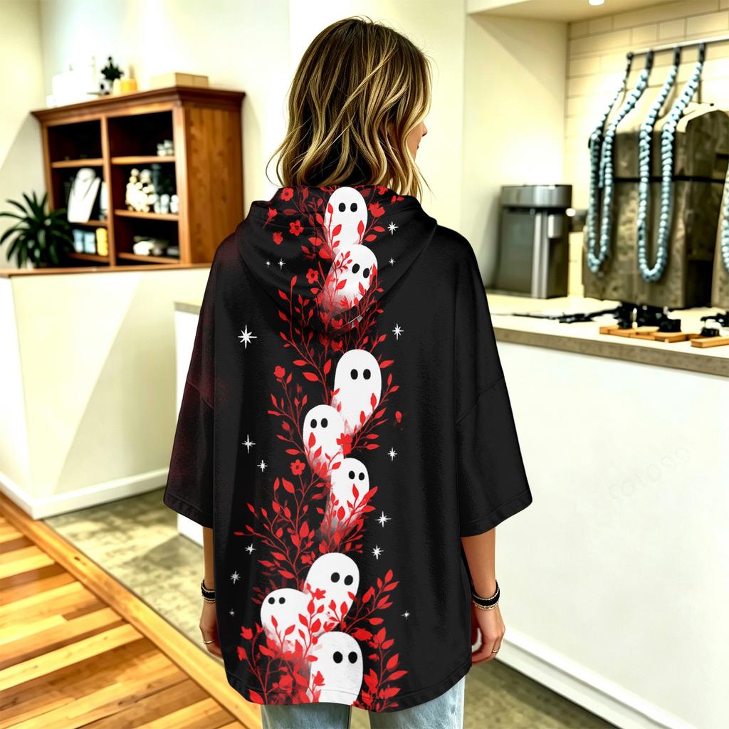 Women's Casual Halloween Print Three-Quarter Sleeve Hooded Pullover Top
