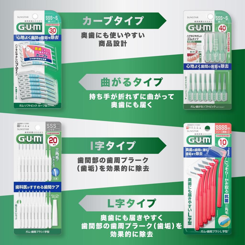 GUM Interdental for Molar Wire Type SSS 10 Brushes X 3 Packs Bonus Brushes, L-Shaped, Care, [Size (1)], +