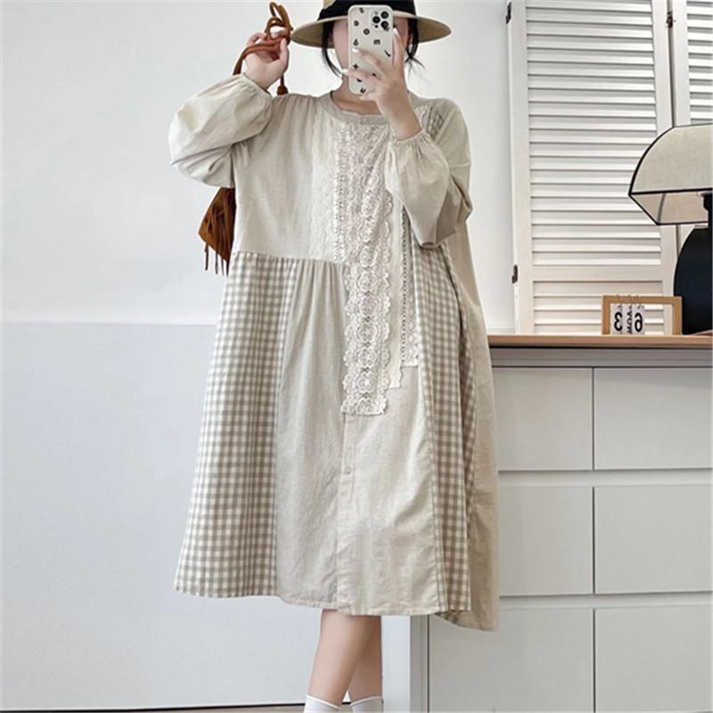 Johnature Frühlings-Patchwork-Spitzen-Patchwork-Karokleid Frühling Retro Lässig Locker Langarm Damenkleider