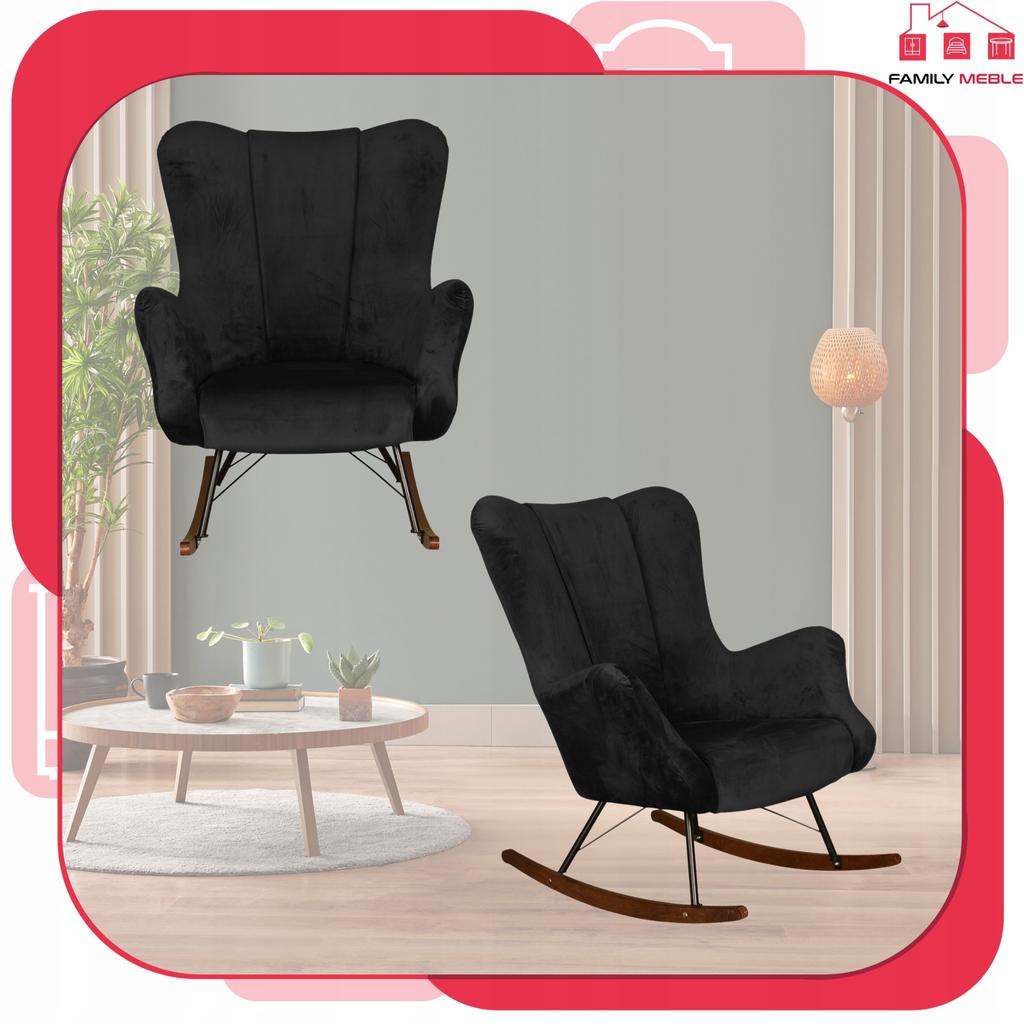 Scandinavian Vika Wing Chair, Rocking, On Runners, Family Meble, Black Velvet