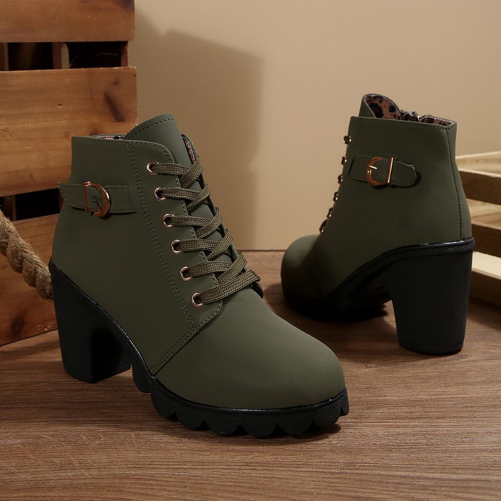 Foreign Trade Thick Heel Short Boots Round Head Lace-up and Bare Boots New High Heel Side Zipper Martin Boots Women's Single Boots Belt Buckle