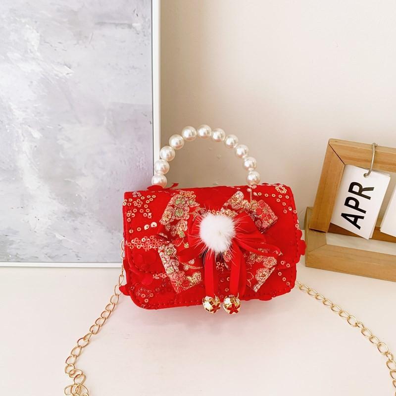 Red Adorable Pu Handbag For Kids Featuring Bow Design And Trendy Strap Chain