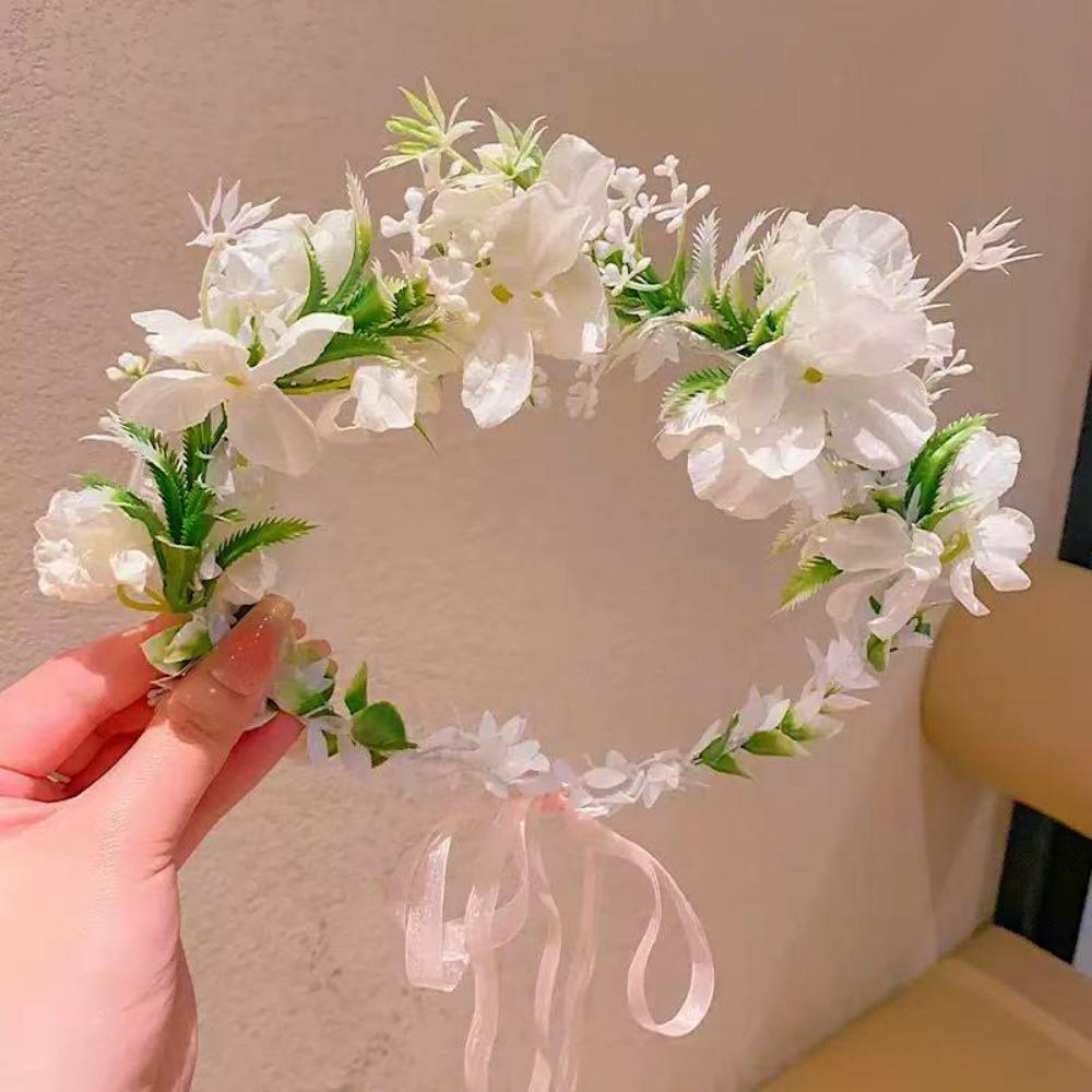 

Женская свадебная цветочная повязка на голову, модный праздничный венок для невесты, декор для детского душа 6