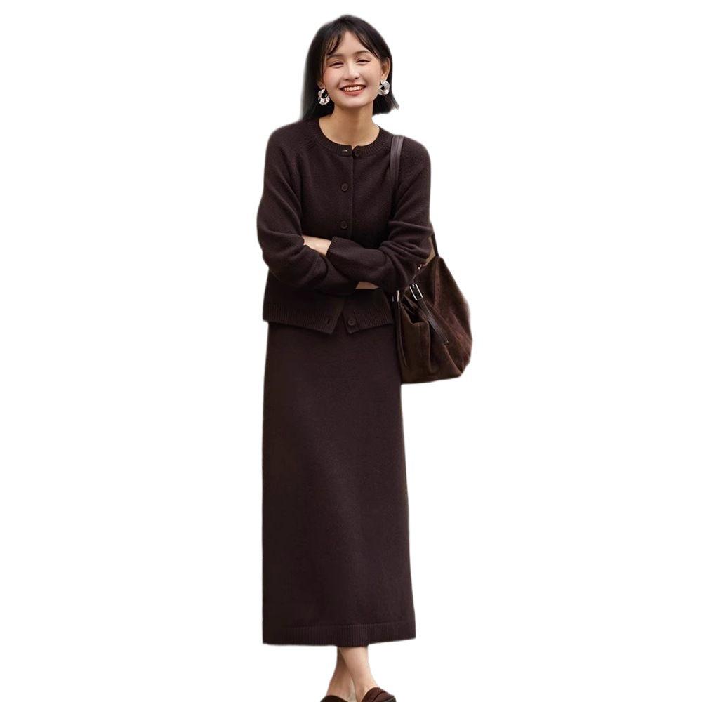 Elegant Wool Knit Cardigan and Skirt Set for Women - Loose Two-Piece Ensemble