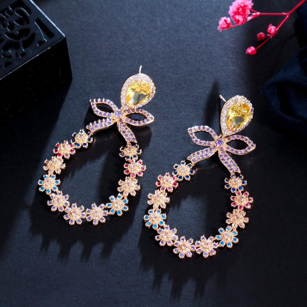 WWJ Graceful Gold Color Multicolor Cubic Zirconia Bowknot Flower Drop Earrings