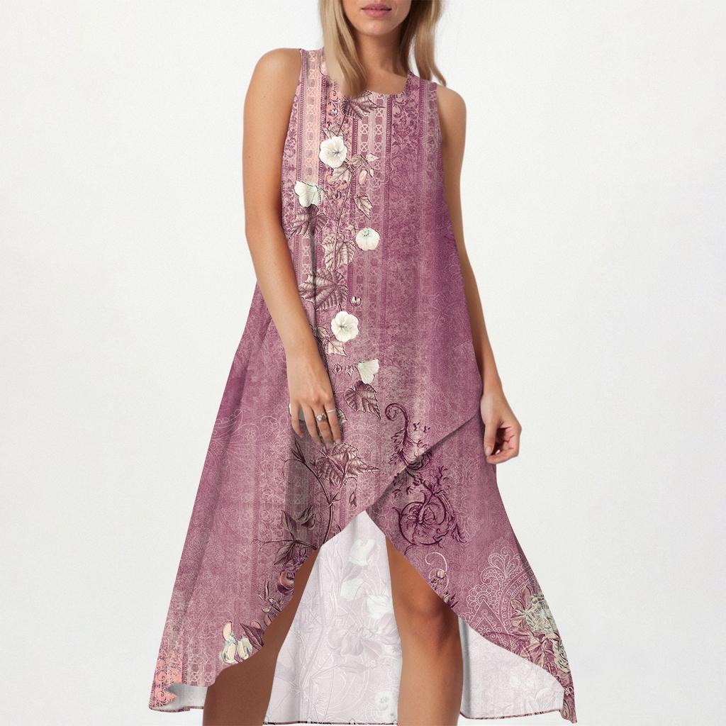 Women's Loose Casual Fashion Square Round Neck Solid Color Dress Beach Skirt Slit Side Sleeveless Cotton And Linen Skirt