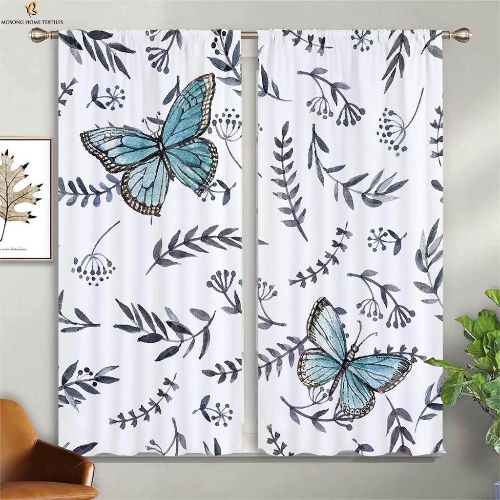 Floral Butterfly 3D Printed Curtain Rod Pocket Bedroom Living Room Kitchen Window Curtain Home Decor 2 Pieces