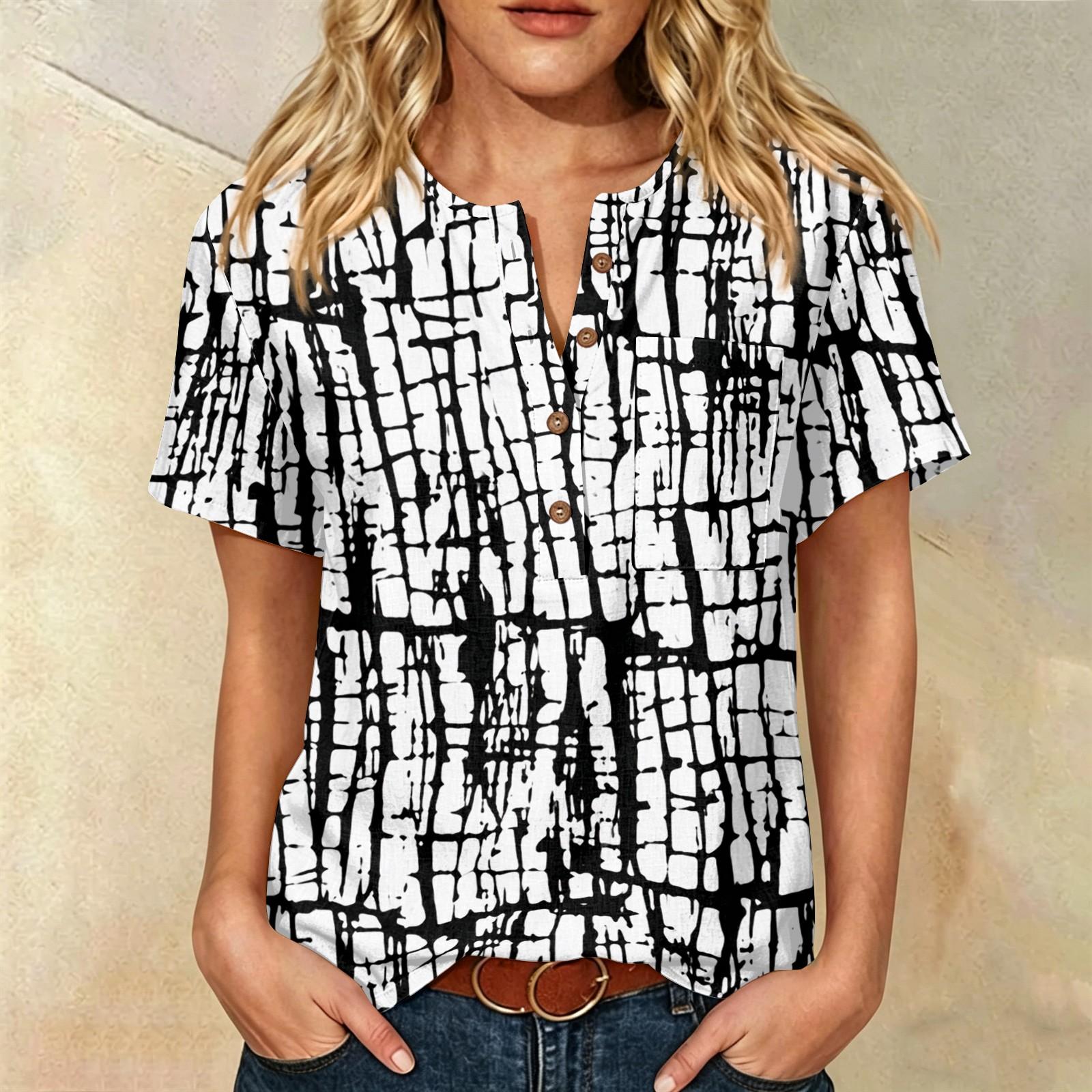 

Women Henley Neck Printed Short Sleeve Cotton Linen Shirt with Front Pocket and Button Casual Fit Top XL чёрный