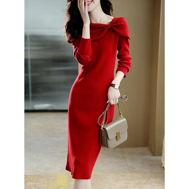 New Spring Design Bow Temperament Knitted Skirt Mid-length Festive Red Dress for Women