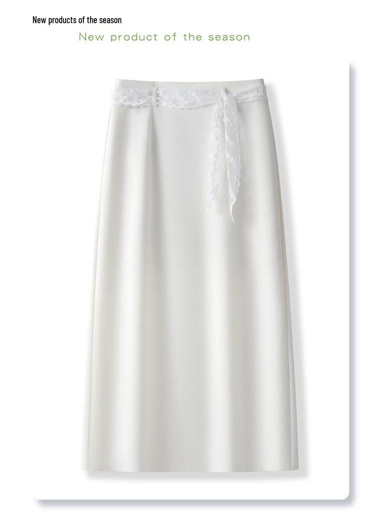 Damska biała koronkowa spódnica midi w kształcie litery A – dopasowana w biodrach, casualowa i petite, kolekcja lato 2025