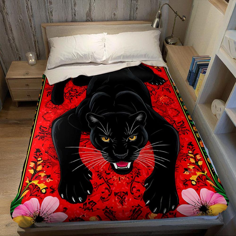 Black Panther Red Background Flannel Blanket Warm Soft Halloween Christmas Couch Warm Cozy Decorative Decor Gift for All Season