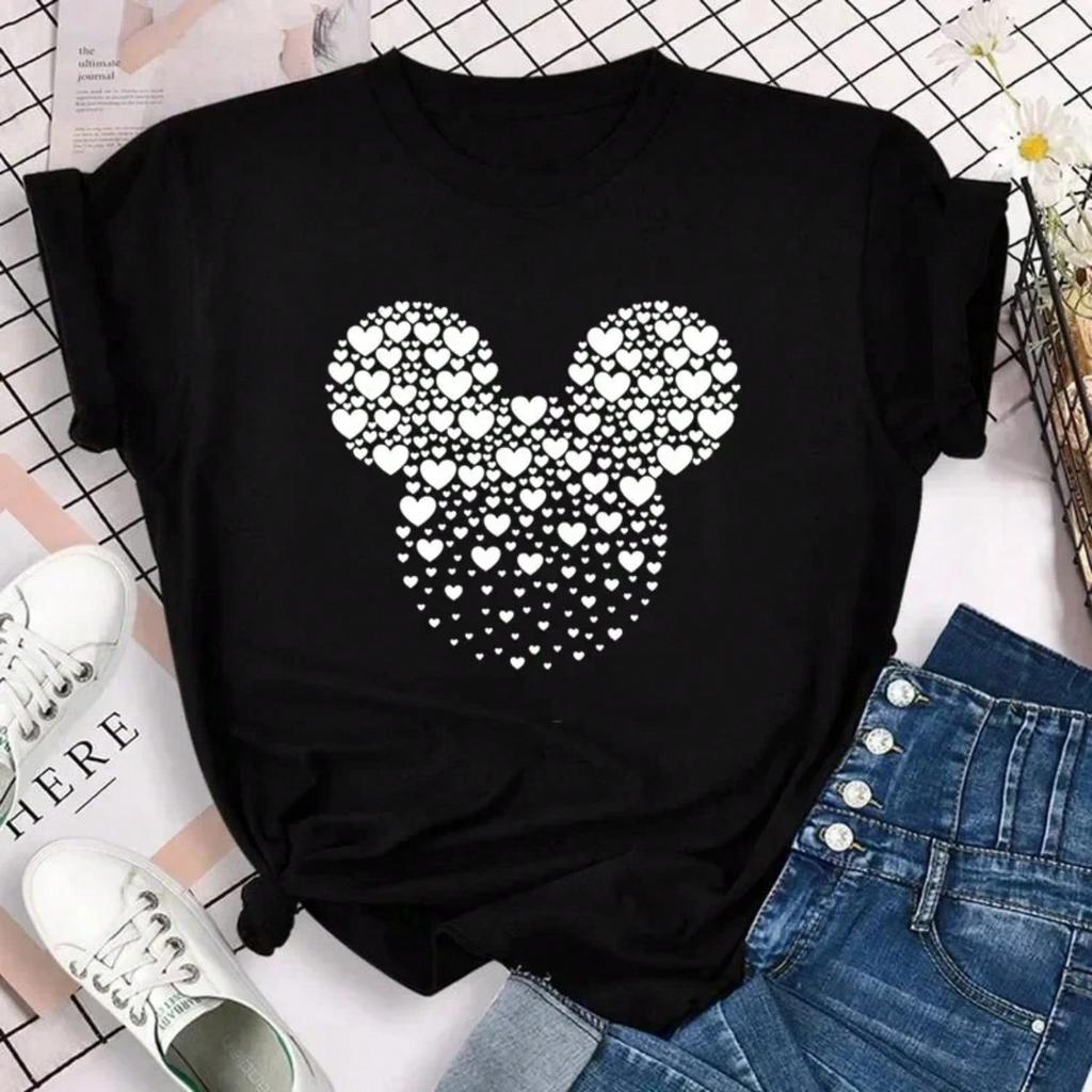 New T-Shirts For Wounisex Fashion Heart Print T Shirt Streetwear Clothes Kawaii Mouse T Shirt Female Tops