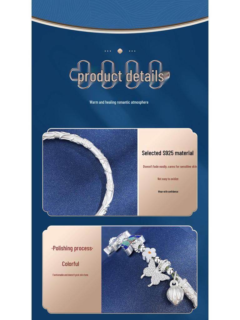925 Sterling Silver Small Flower Butterfly Half-Bangle Half-Chain Bracelet - Light Luxury, High-End New Chinese National Style