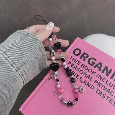 Chaîne de téléphone à perles style Y2K rouge rose avec forme de clé cœur, cordon pour appareil photo CCD et pendentif ours