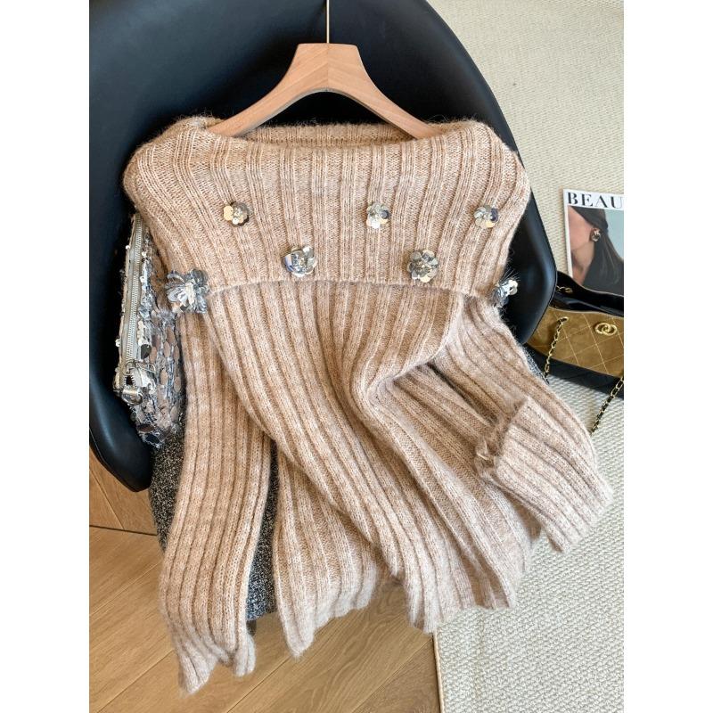 

Закат Барселоны, свитер с пайетками, трехмерным цветком и лацканами на одно плечо, женский зимний новый ленивый ветер, свободный и тонкий топ One Size