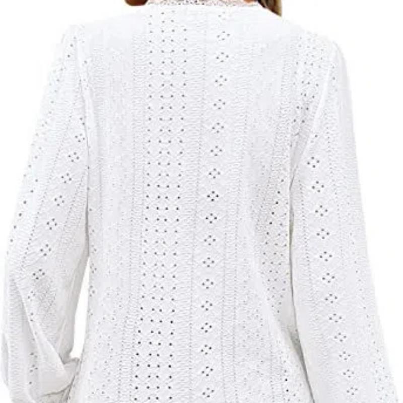 Women's Lace V Neck Puff Long Sleeve Eyelet Tops Dressy Business Casual Work Shirts Blouses Crochet Hollow Out Blouse Lace Pullover Top S-XXL