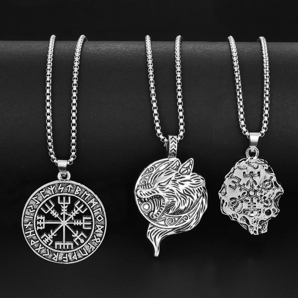 Norse Viking Necklace Vegvisir Symbol Compass Wolf Head Raven Hammer Pendant Vintage Stainless Steel Jewelry for Men Women